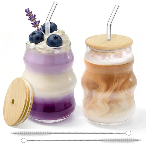 xuefenfei 530ml Verres à Bulles Avec Paille, Lot de 2 Verre Matcha, Tasses en Verre Nervuré Café avec Brosse, pour Latte Macchiato, Café Glacé, Thé, Glace, Lait,...