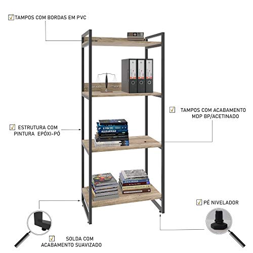 Estante Multiuso 4 Prateleiras 146x60cm Estilo Industrial, Compace, Kuadra, Carvalho/Est.Preta