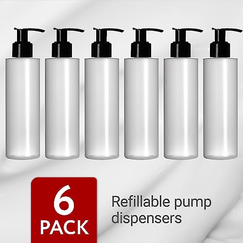Impresa Plastic Pump Dispenser Bottles for Lotion, Massage Oil, Shampoo and More - Refillable, BPA Free Clear, Frosted Empty 8oz Containers - Fit Into Holsters - 6 Pack 8 Oz Lotion Bottle4