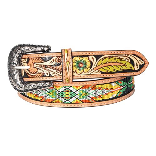 American Darling Large Hand Tooled Tan Genuine American Leather Beaded Belt Men & Women Western Belt with Removable Buckle