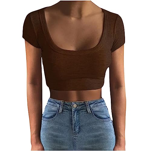 Women Knit Sweaters Tops Casual Short Sleeve Fashion Teen Girls Y2K Crop Top Base Layer Shirt Blouse Tunic Fall Outfits