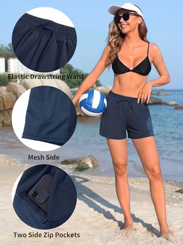 Image of ATTRACO Women's 3 inch High Waisted Swim Board Shorts Pleated Summer Beach Shorts with Pockets