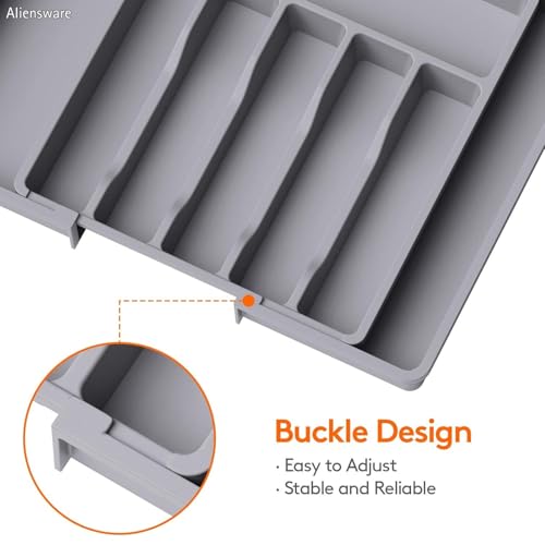Image of Aliensware Expandable Slider Kitchen Drawer Organizer, BPA Free Utensil, Adjustable Flatware & Cutlery Holder /Divider Tray for Spoons Forks, Knives Tableware Storage-13-22.4 X15X2 inch(8-Slots /Grey)