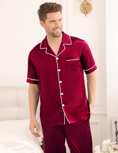 Image of SWOMOG Mens Satin Pajama Set Short Sleeve Classic Sleepwear Button Down Silky Loungewear with Long Pants