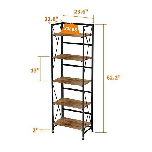 Kavfocoy Folding Bookshelf 5 Tier Easy Assembly Bookcase Industrial Storage Shelves Plant Flower Stand Storage Rack For Home Office (Rustic Brown, 5 Tier) #TOP2