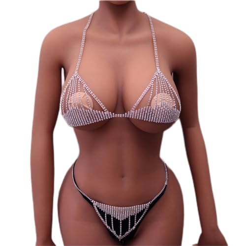 Body Chain Diamond Chest Chain Sparkly Rhinestone Bra Panties Crystal Bikini Chest Jewelry Lingerie Woman Sexy Nightclub Clothing (Golden)