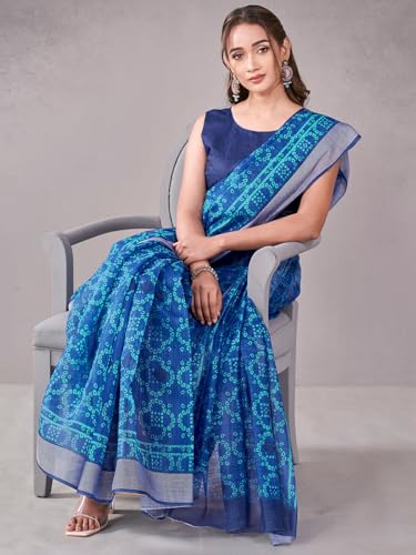 Image of Satrani Women's Chanderi Printed & Embroidery Saree with Unstitched Blouse Piece