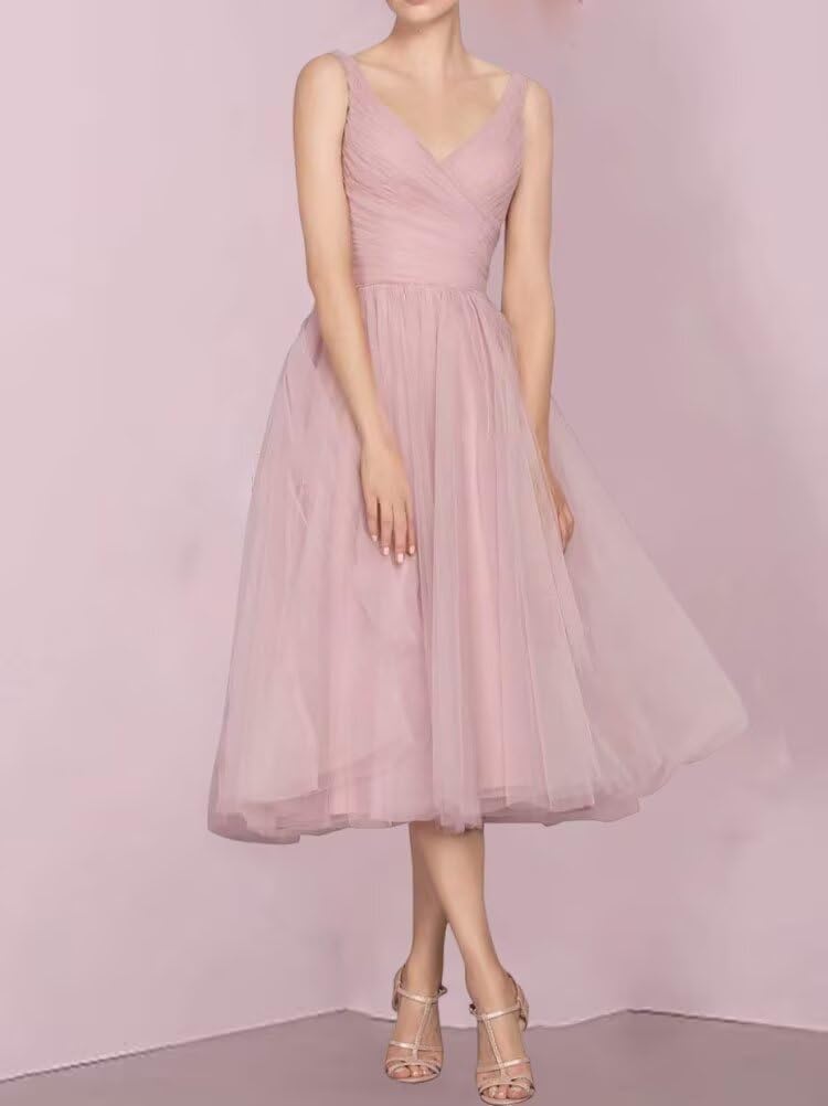 Tea Length A-Line V Neck Formal Evening Party Gowns for Women Sleeveless Puffy Midi Tulle Cocktail Prom Dress - Image 4