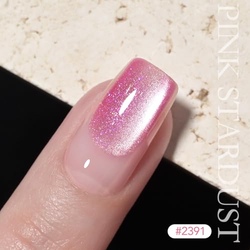 GAOY Pink Cat Eye Gel Nail Polish, 16ml Glitter Holographic Nail Polish with Magnet, Reflective Translucent UV Gel, 2931 Pink Stardust