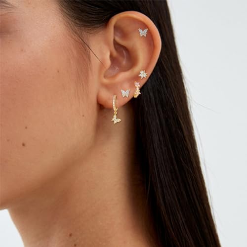 Dainty Gold Earring Set - Tiny Flower & Butterfly Cartilage Studs & Hoops - Hypoallergenic for Her4