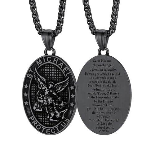 FaithHeart Saint Michael Necklace, Stainless Steel/18K Gold Plated St Michael the Archangel Pendant Amulet for Men Women with Gift Packaging 00. zOval-Black Stainless Steel