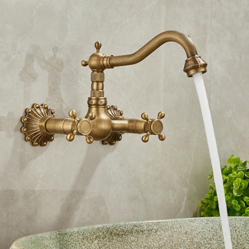 Robinet de lavabo mural mélangeur en laiton antique avec bec orientable pour évier salle de bains