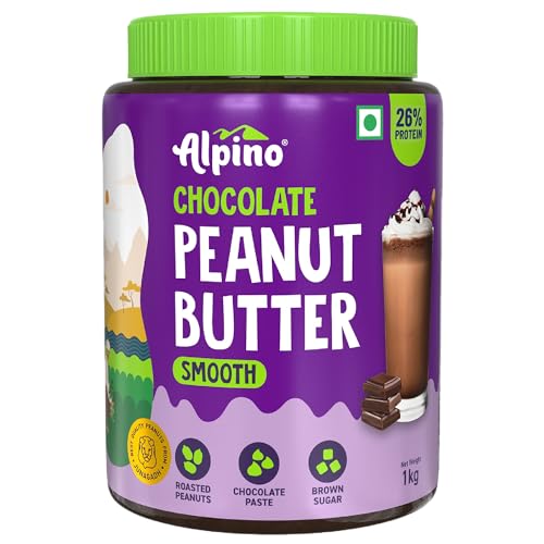 ALPINO Chocolate Peanut Butter Smooth 1kg - Roasted Peanuts, Chocolate Paste & Brown Sugar - 26% Protein, Source of Healthy Fats