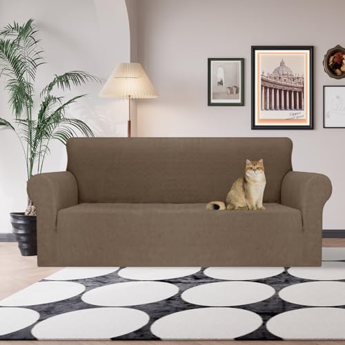 JIVINER Stretch Sofa Covers 1 Piece Couch Covers for 3 Cushion Couch Sofa, 3 Seater Sofa Slipcovers Furniture Protector with Elastic Bottom for Kids, Pets (Brown, Sofa)