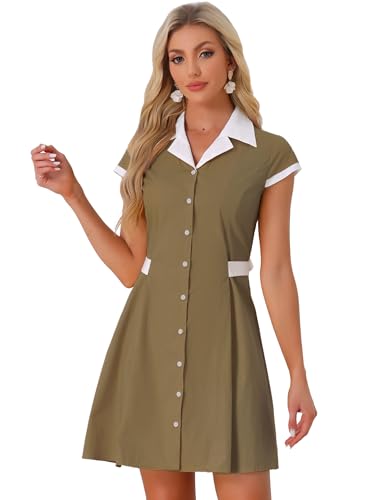 Image of Allegra K Women's Vintage Button Down Shirt Dress Notch Lapel Short Sleeve Belted Office Mini Short Dresses