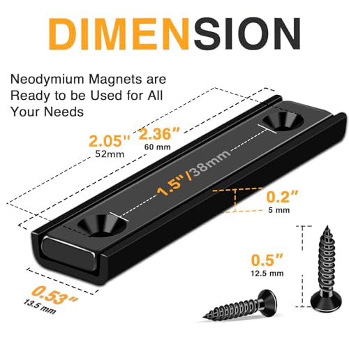 Image of TRYMAG Neodymium Rectangular Magnets 80Lbs, 60 x 13.5 x 5mm Strong Black Bar Magnets with Countersunk Hole and Steel Capsule, Heavy Duty Industrial Rare Earth Magnets with Screw for Mounting, 25 Pack