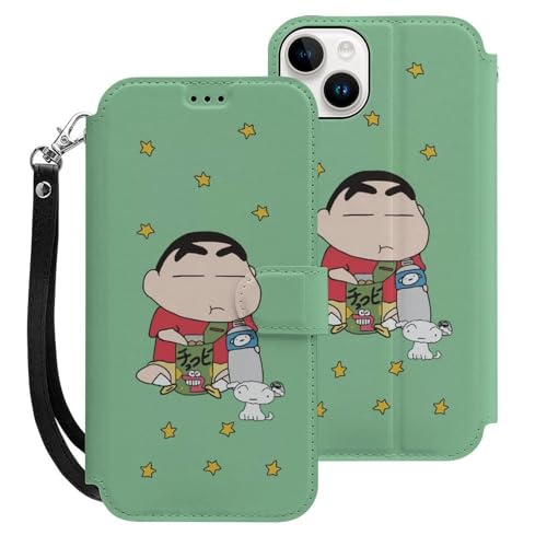 クレヨンしんちゃん 緑 iPhone15Plus用ケース 手帳型 スマホケース アイホン15Plus用 財布型カバー カードポケット スタンド機能 誕生日ギフト 人気 男女兼用