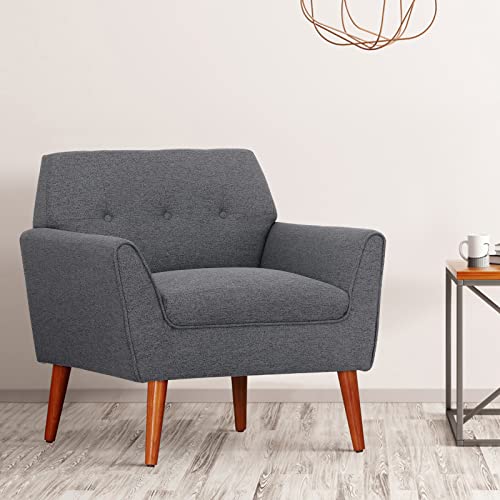 Ouchtek Mid-Century Modern Fabric Accent Chair Upholstered Tufted Button Living Room Chairs Comfortable Curved Arm Reading Chair For Bedroom Dorm Room Office Comfy Single Sofa Chair With Wooden Legs #TOP5