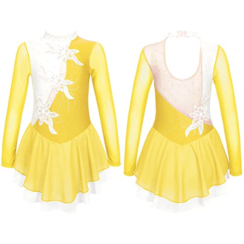 Loyan Kids Girls Rhinestone Flower Mesh Long Sleeve Figure Ice Roller Skating Dress Dance Competition Costume Yellow 10 Years #TOP5