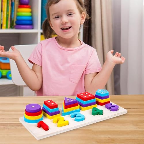 Image of SHINETOY ENTERTAIN KIDS Multifuction Shape Board,Sorting & Stacking Wooden Stackable Blocks for Toddlers,Color Recognition,Preschool Educational Toys Montessori Games Early Learning Puzzle Gift,16 Pcs
