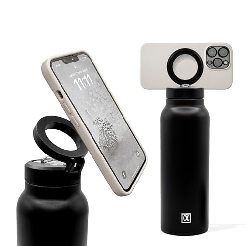 Magsafe compatible insulated water bottle with magnetic phone holder stainless steel 24oz hot 12h & cold 24h 360 rotate double wall stainless steel magnetic water bottle phone mount with straw