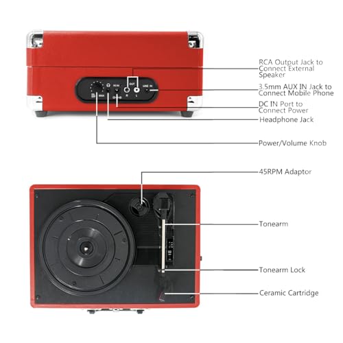 Image of Claw Stag Portable Vinyl Record Player Turntable with Built-in Stereo Speakers, Volume Control Knob, AUX Input and RCA Output, 78 RPM Speed, High Qualiy Diamond Stylus and Headphone Jack (Red)