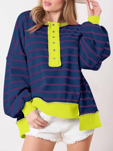 Tankaneo Womens Oversized Striped Sweatshirts Henley Shirts Color Block Casual Pullover Waffle Knit Tops Navy — view 3