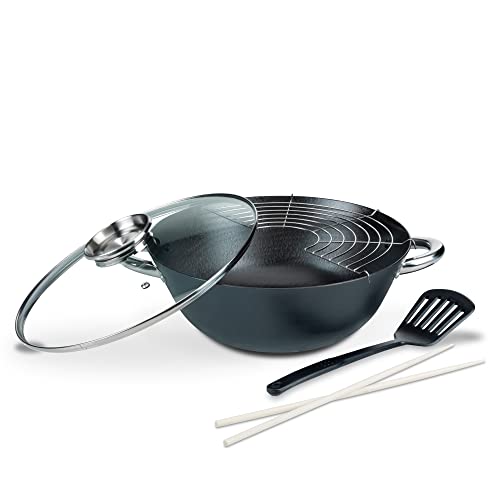 GSW Multifunktionstopf / Wok-Set – hochwertiger Wok mit Deckel, tiefe Pfanne zum Braten, Frittieren und Dünsten, inkl. Pfannenwender – Gusseisen, 32 cm, 5-teilig, Schwarz
