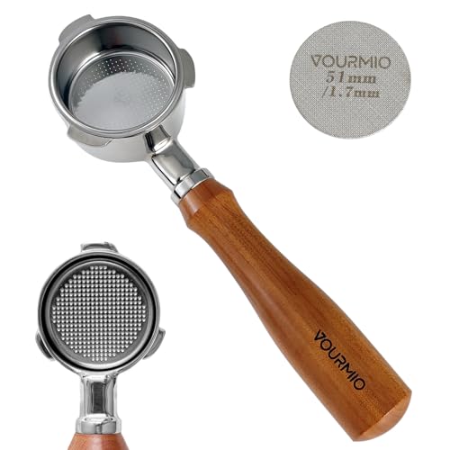 VOURMIO 51mm Bottomless Portafilter for CM5418, 3 Ears Espresso Portafilter Compatible for CASABREWS CM5418, 3700Essential and 5418 Pro, Stainless Steel Filter Holder and Wood Handle with Puck Screen
