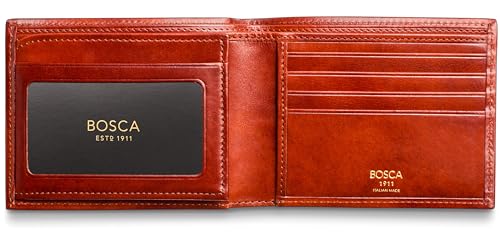 Image of Bosca Men's Leather Wallet - Old Italia Bifold Wallet For Men Made From Full Grain Italian Leather, 11 Card Slots, ID Window, Divided Currency Well, Gift-Ready Packaging - Cognac Brown