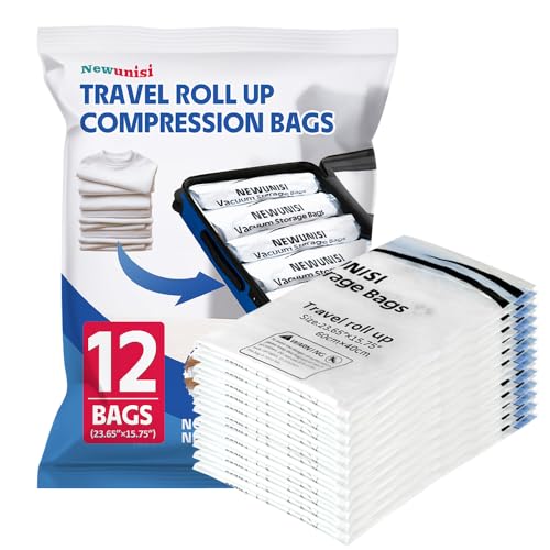 12 Pack Travel Compression Bags, Travel Roll Up Reusable Travel Space Saver Vacuum Storage Bags for Luggage, Camping, and Storage (No Vacuum or Pump Needed).