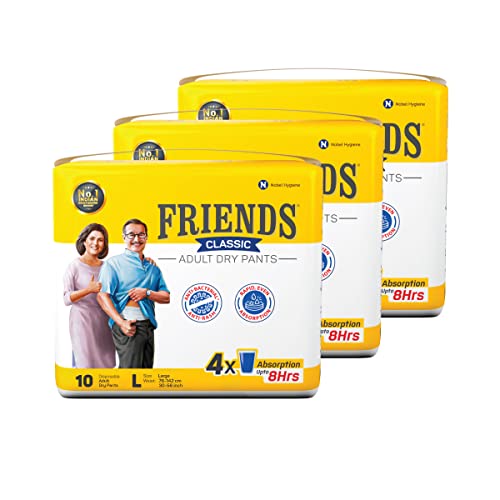 Friends Classic Adult Diaper L Size Pants | 30 Count (Large) | Waist 30-56 inch | Unisex | Leakproof | Quick & Even Absorption | Long Protection hours | Brief-Like Fit | Odour Lock | Elastic Waist & Anti-Bacterial Absorbent Core