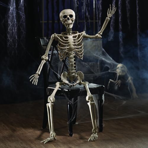 Fun Express 5 Foot Life Size Skeleton Halloween Decorations Outdoor - Posable Full Body with Movable Joints for Yard, Haunted House Props & Indoor Scary Decor | Premium Plastic Construction