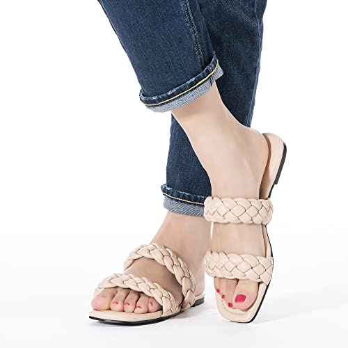 Image of Mtzyoa Women Flat Sandals Raffia Braided Summer Straw Dressy Casual Vacation Bohemian Cute Beach Comfy Slip On Slides