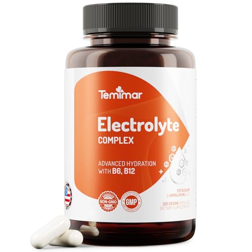 Temimar Electrolytes 120 Counts Electrolyte Capsules with Sodium Potassium Magnesium Calcium B6 & B12 Electrolytes Replenisher Hydration Drink for Muscle & Energy Support Made in USA