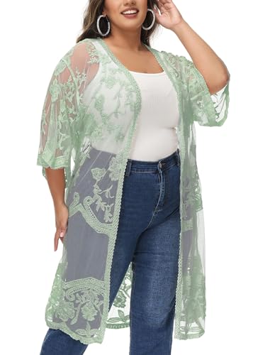 Image of Anna-Kaci Women's Plus Size Lace Cardigan Embroidered Long Kimono Dusters with Half Sleeves