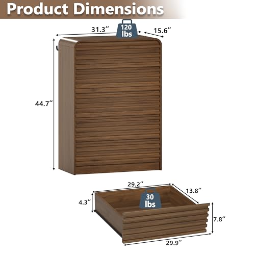 Image of 5 Drawer Dresser for Bedroom, 45 inch Tall Fluted Dresser with Curved Edge and Ergonomic Handleless, Large Wooden Clothes Storage Organizer, Modern Chest of Drawers for Closet, Living Room, Walnut
