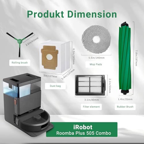 Image of Replacement Parts Kit for iRobot Roomba Plus 505 405 Combo G181 G185 505X Vacuum Mop, 2 Main Brushes,6 Mop Pads,6 HEPA Filters,8 Side Brushes,6 Dust Bags Cleaning Accessories