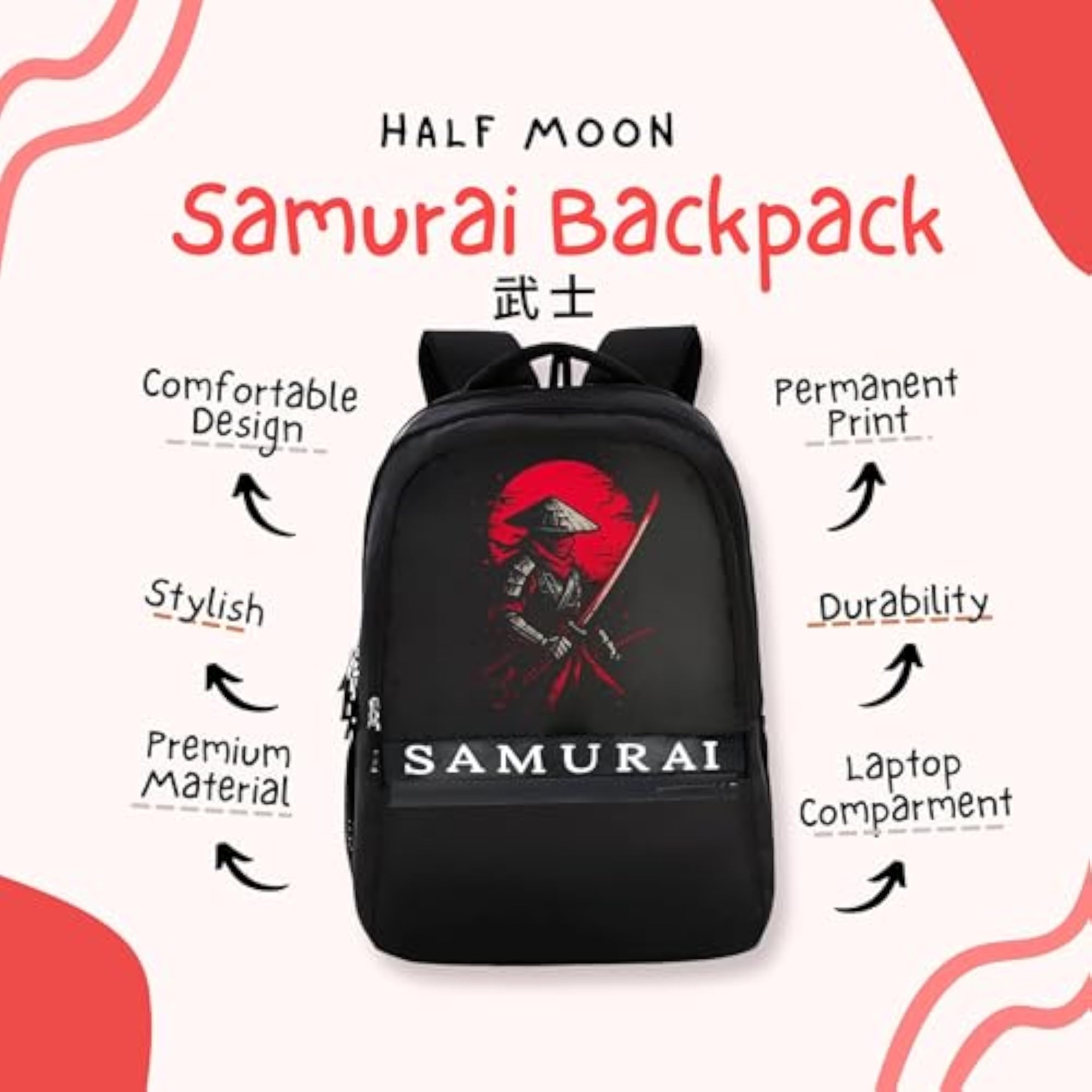 25L Samurai Print Backpack with Laptop Compartment