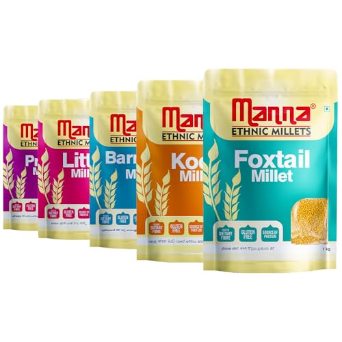 Image of Manna Millets 5Kgs, Whole Grains, Combo pack of 5, Foxtail, Kodo, Little, Barnyard, Proso. Certified Low GI, Unpolished Natural Grains 1kg (Pack of 5)