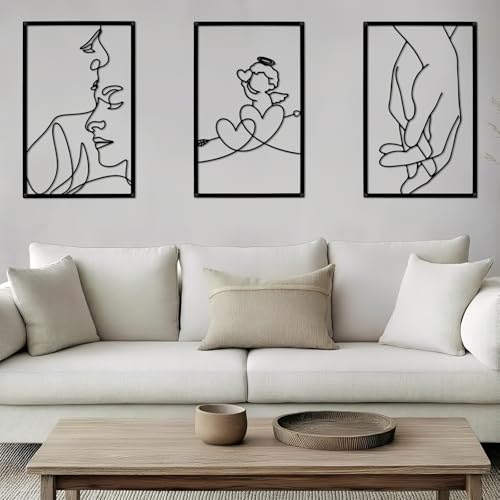 LbsAMP 3 Pièces Décoration Murale Minimaliste Métal Noir Art Se Tenir la Main S'embrasser Cœurs Sculpture Murale Moderne Lignes Uniques Décoratifs Maison...