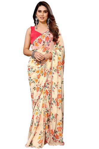 Image of Panzora Women's Georgette Printed Ready To Wear One Minute Saree With Unstitched Blouse Piece