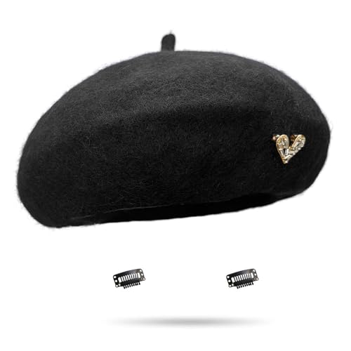 huablo Women's Fall & Winter Wool Beret with Detachable Heart - Shaped Rhinestone Brooch - Inky
