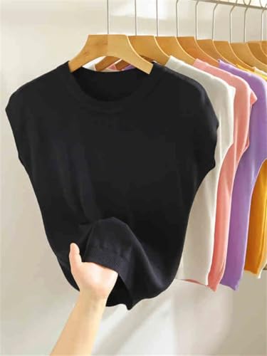 Women's Casual Solid O-Neck Collar Knitted Pullover Short Sleeve Loose Straight Sweater3