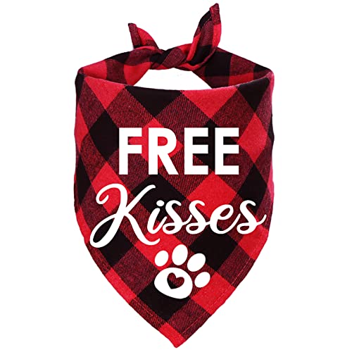 STMK Valentine's Day Dog Bandana, Free Kisses Plaid Dog Puppy Bandana for Dog Puppy Valentine's Day Wedding Holiday Party Decorations (Red, Free Kisses)