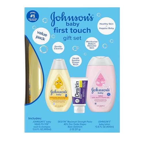 Johnson's First Touch Baby Essentials Gift Set with Body Wash & Shampoo, Body Lotion, & Zinc Oxide Diaper Rash Cream for Baby's Delicate Skin, Hypoallergenic, No Parabens or Dyes, 3 Items