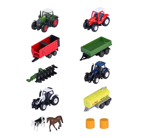 Majorette Auto-Set Farm (5 Teile) - Traktor-Spielzeug aus Metall mit Anhänger, Zubehör & beweglichen Teilen, zufällige Auswahl aus 2 Bauernhof-Sets für Kinder ab 3 Jahre, je ca. 7,5 cm