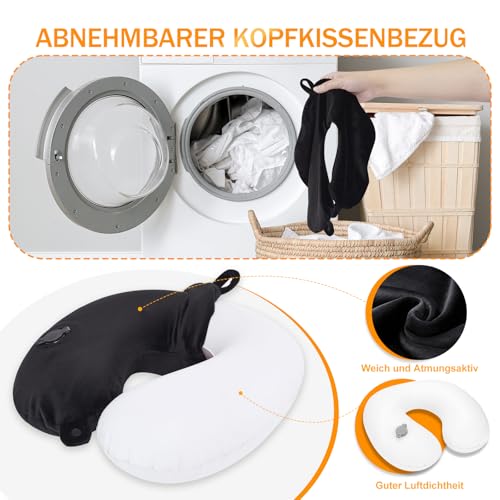 JetsCush Nackenkissen Flugzeug Aufblasbar, Reisekissen Flugzeug, Kompaktes Nackenkissen Aufblasbar, Leichtes Nackenhörnchen Erwachsene für Flugzeug, Zug, Büro, Schwarz