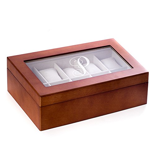Abby Smith Lavish Style Initial Cherry Wood Engraved 10-Slot Watch Box, Letter P