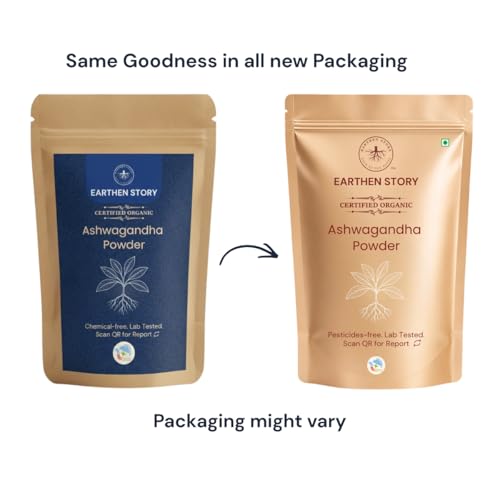 Image of Earthen Story Certified Organic Ashwagandha Root Powder (200g) | Lab Tested for 190+ Pesticides | Indian Ginseng Root-Only Adaptogen for Stress, Sleep & Strength | Vegan, Non-GMO